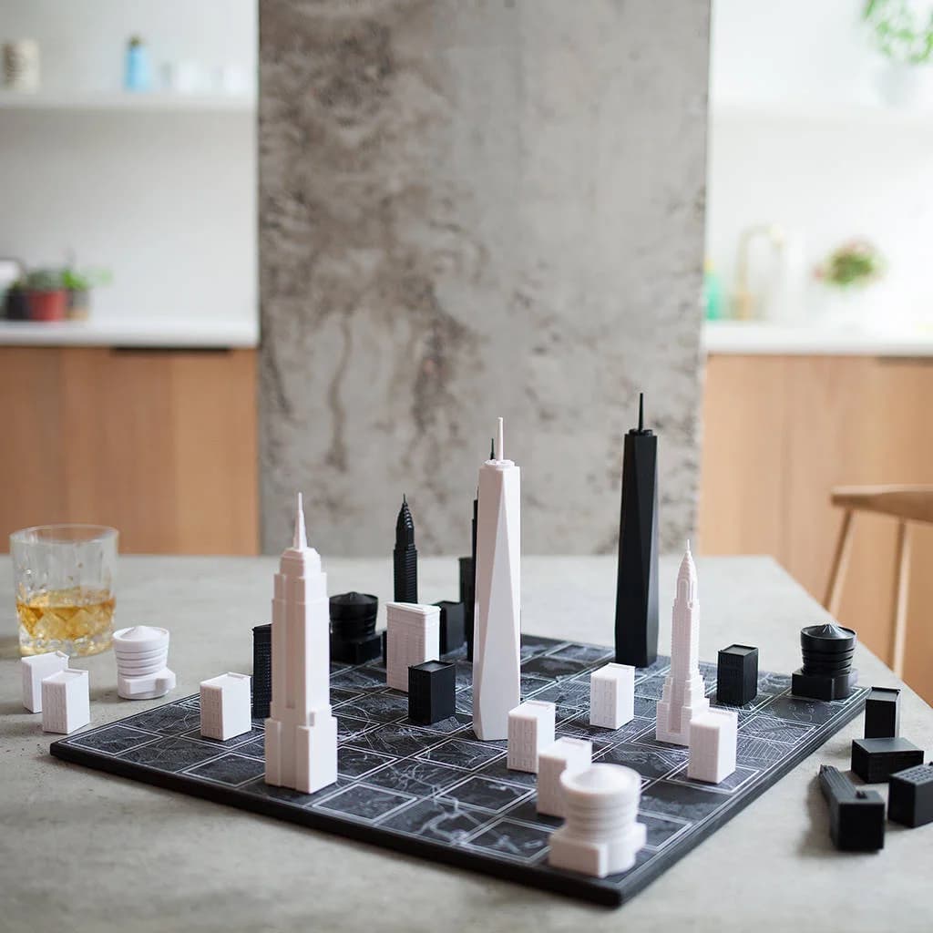 New York Skyline Chess Set, a luxury game in black and white.