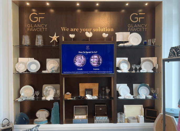 Glancy Fawcetts Show Space featuring tableware linens and accessories for superyachts residences and private jets in Luxury Resort Albany Bahamas