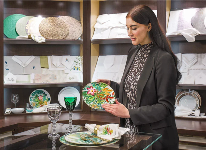 The-Glancy-Fawcett-Team-In-The-Luxury-Showroom-Reviewing-Hermes-Tableware-and-Matching-Personalised-Luxury-Product-Recommendations