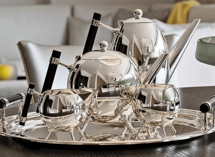 A luxury silver service tea set used as general serving accessories for superyachts and homes