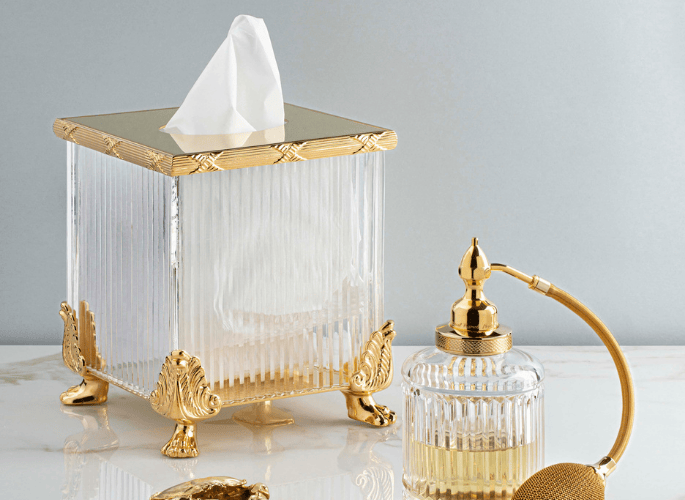 Crystal bathroom accessories with gold ornate and intricate detail for luxury superyachts residences and private jets