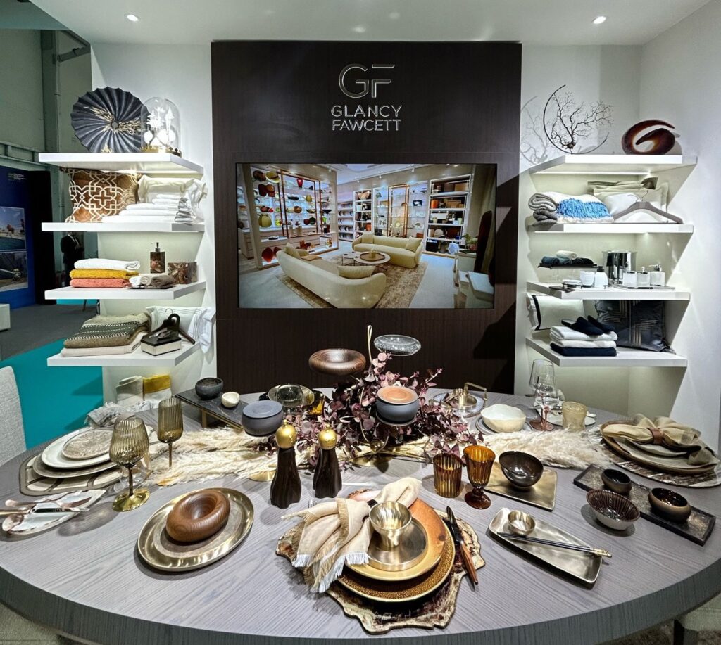 Glancy Fawcett's exhibition stand at the Dubai International Boat Show, showcasing luxury tableware, linens and accessories